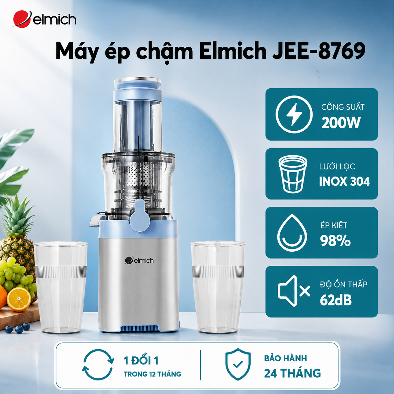 Máy ép chậm Elmich JEE-8769, công suất 200W, tốc độ quay 65 vòng/phút, màu trắng