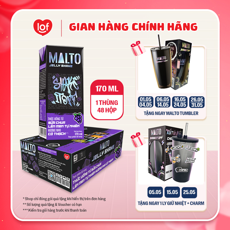 Sữa chua lên men tự nhiên MALTO Jelly Shake Shake It Off hương nho có thạch  thùng 48 hộp x 170ml