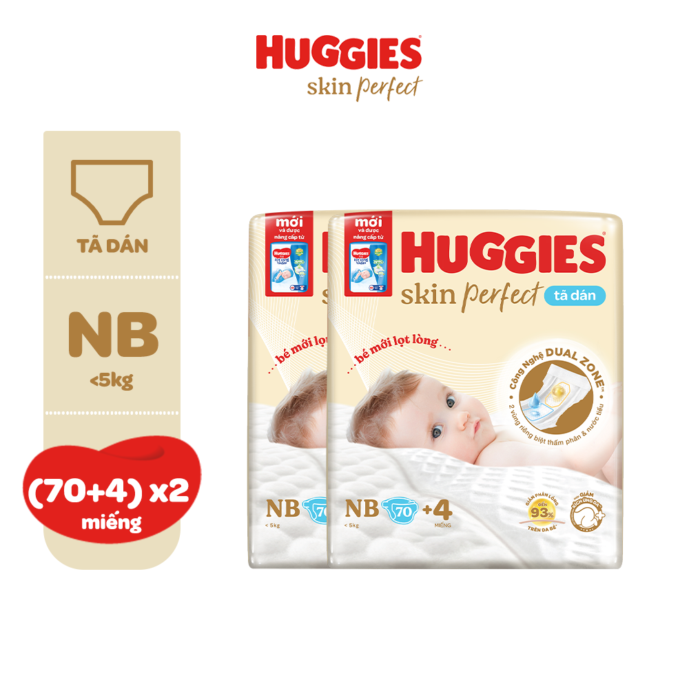 Combo 2 Tã Dán Sơ Sinh Huggies Skin Perfect NB40/NB70/S54/S80/M76 Với 2 Vùng Thấm Giảm Kích Ứng Da