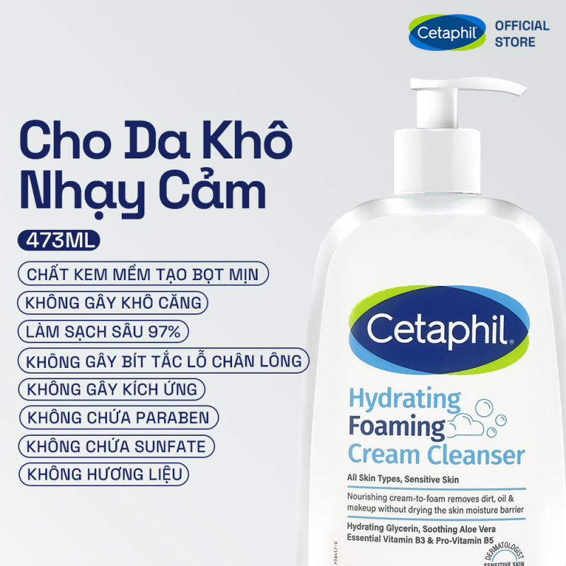 Sữa rửa mặt tạo bọt dịu lành cho da khô nhạy cảm Cetaphil Hydrating Foaming Cream Cleanser 473ml