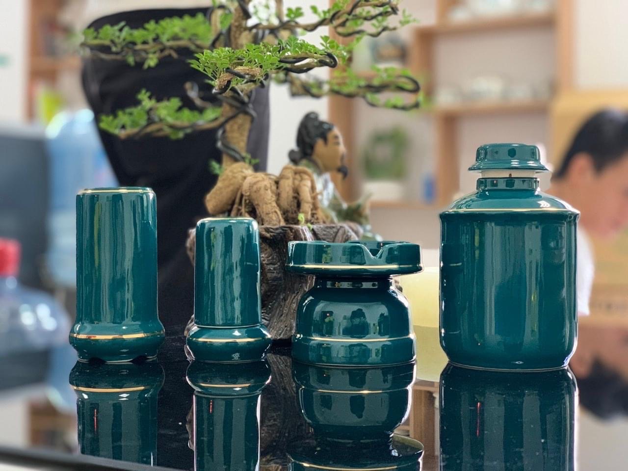 Bộ ấm trà Bát Tràng - có bán lẻ ấm chén đĩa - Bộ ấm Phú Quý Vinh Hoa xanh Malat bộ ấm trà xanh cổ vị