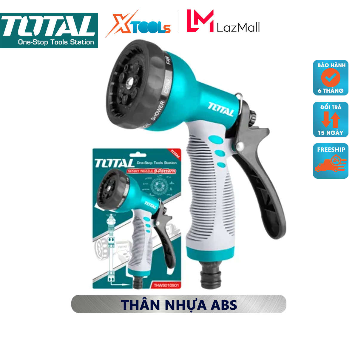 Vòi phun nước máy xịt rửa TOTAL THWS010901 Vòi xịt tưới cây 8 tia Bộ công cụ 3/4" Thân nhựa ABS TPR 