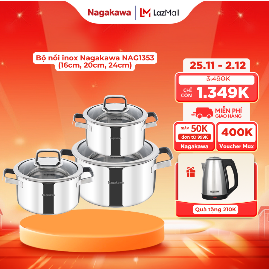 Bộ nồi Nagakawa NAG1353 3 lớp nguyên khối đáy từ 3 kích thước 16cm 20cm 24cm dùng trên mọi loại bếp