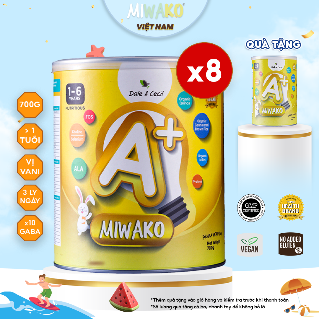 (Tặng 1 Lon Cùng Loại 400g) Combo 8 Hộp Sữa Công Thức Hạt Thực Vật Hữu Cơ Miwako A+ 700g Nhập Khẩu C