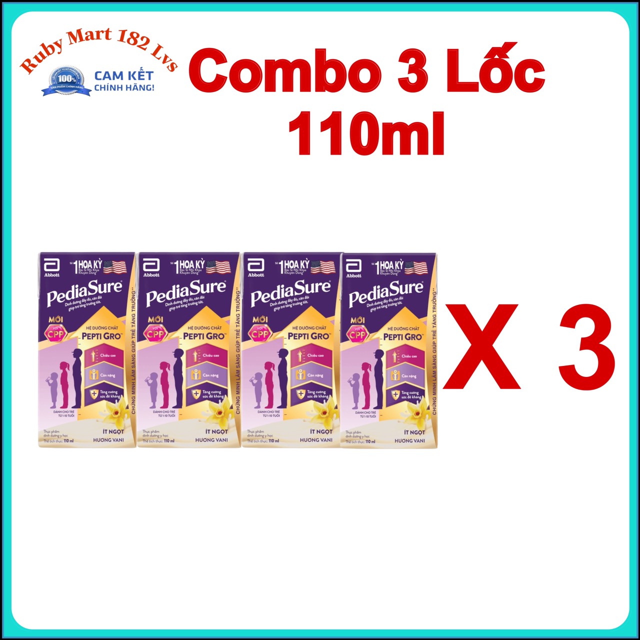 Combo 3 Lốc Pediasure Pha Sẵn 110ml /180ml hương vani ít ngọt