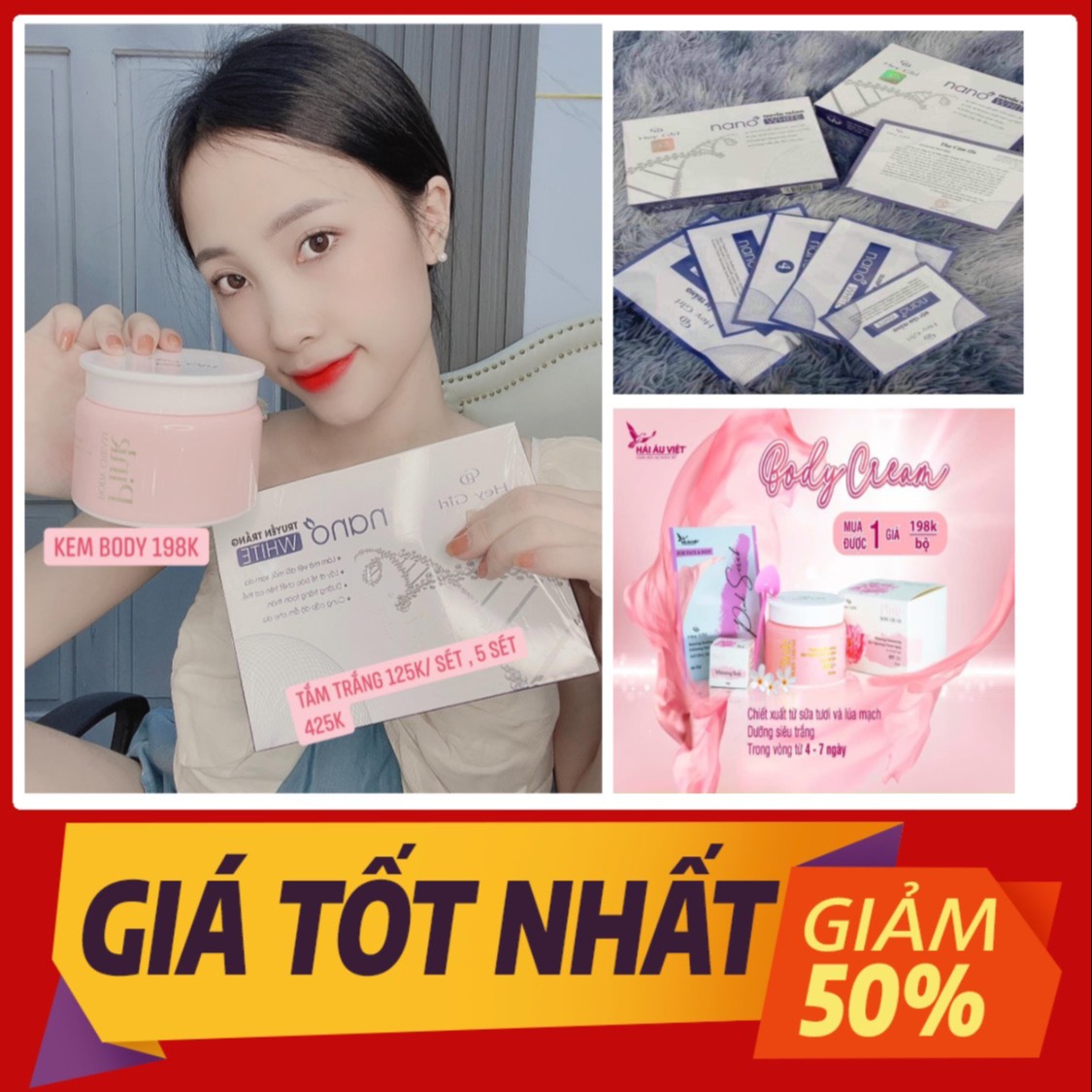 (COMBO 2 MÓN)Tắm trắng nano white+body pink dưỡng trắng toàn tân.chống nắng