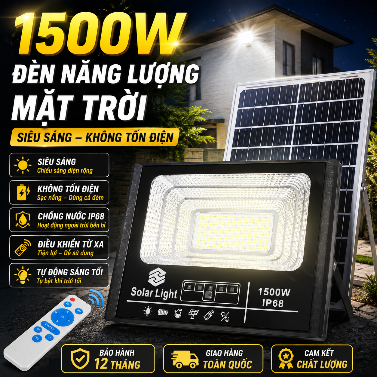 BẢO HÀNH 2 NĂM DÂY 5M - Đèn năng lượng mặt trời ngoài sân và trong nhà 1500W siêu sáng 15000mAhĐèn pha Led năng lượng mặt trời pha 500W Solar Chip Led Siêu Sáng chống nước