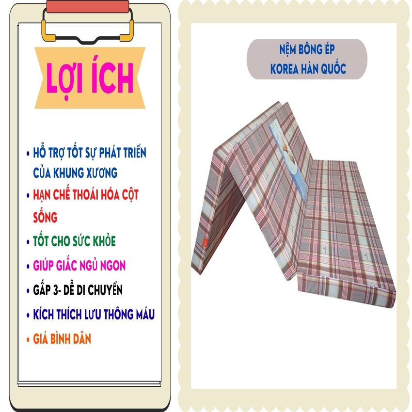 Nệm bông ép gấp 3 CAO CẤP 1M6X2M 9CM ( GIAO MÀU NGẪU NHIÊN - GỌN - NHẸ - SANG TRỌNG )