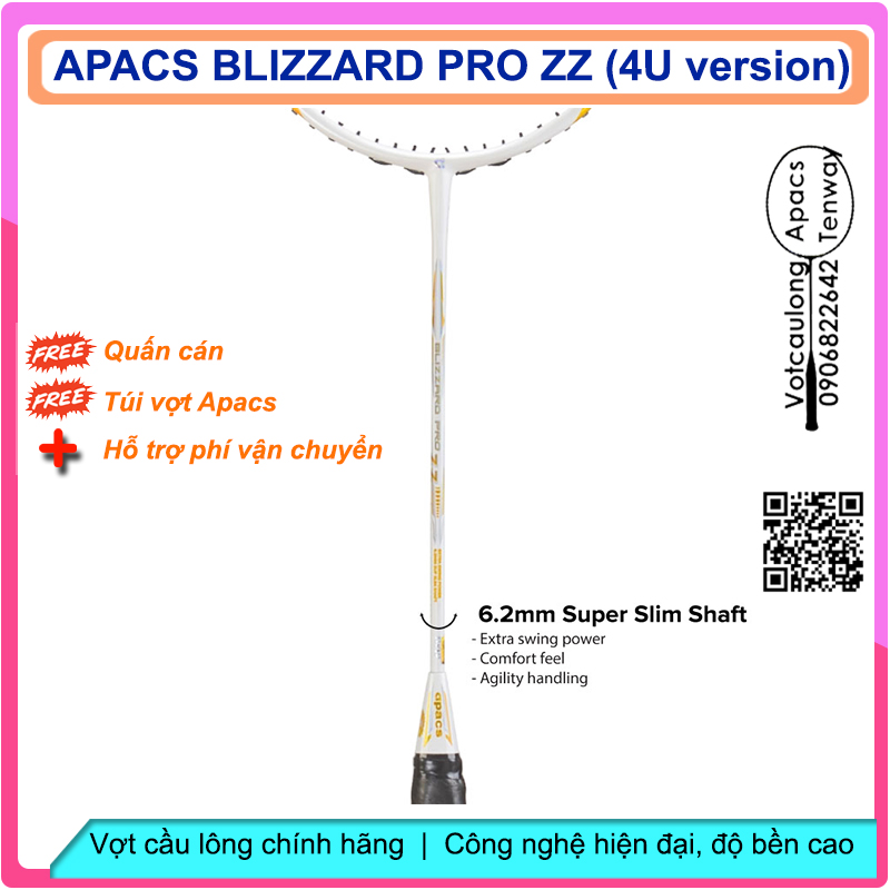 Vợt cầu lông Apacs Blizzard Pro ZZ - 4U | Vợt 4U thân đũa đường kính chỉ 6.2mm nặng đầu chuyên công