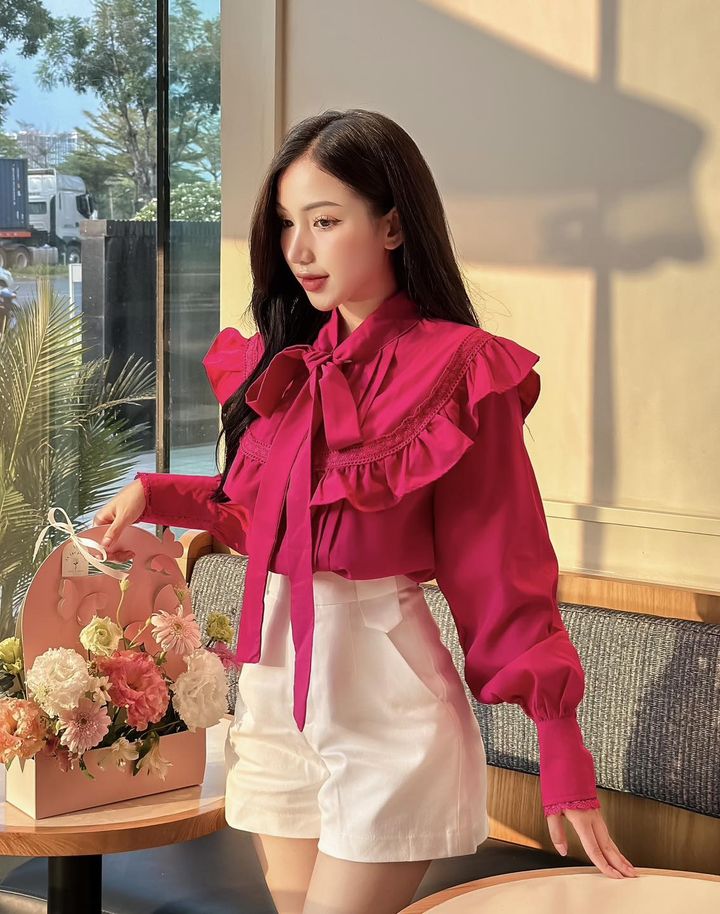 Áo tay dài xếp li phồng thắt nơ EllyClothing