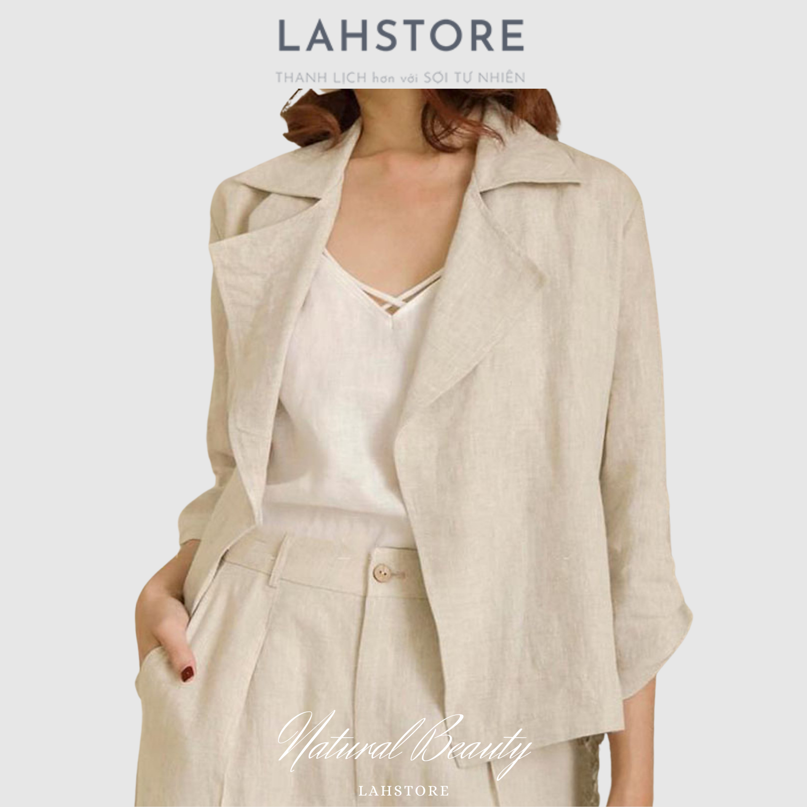 Set áo blazer nữ thiết kế tay lỡ cổ ve vuông quần dài ống rộng áo 2 dây linen LAHSTORE (Be Trắng)