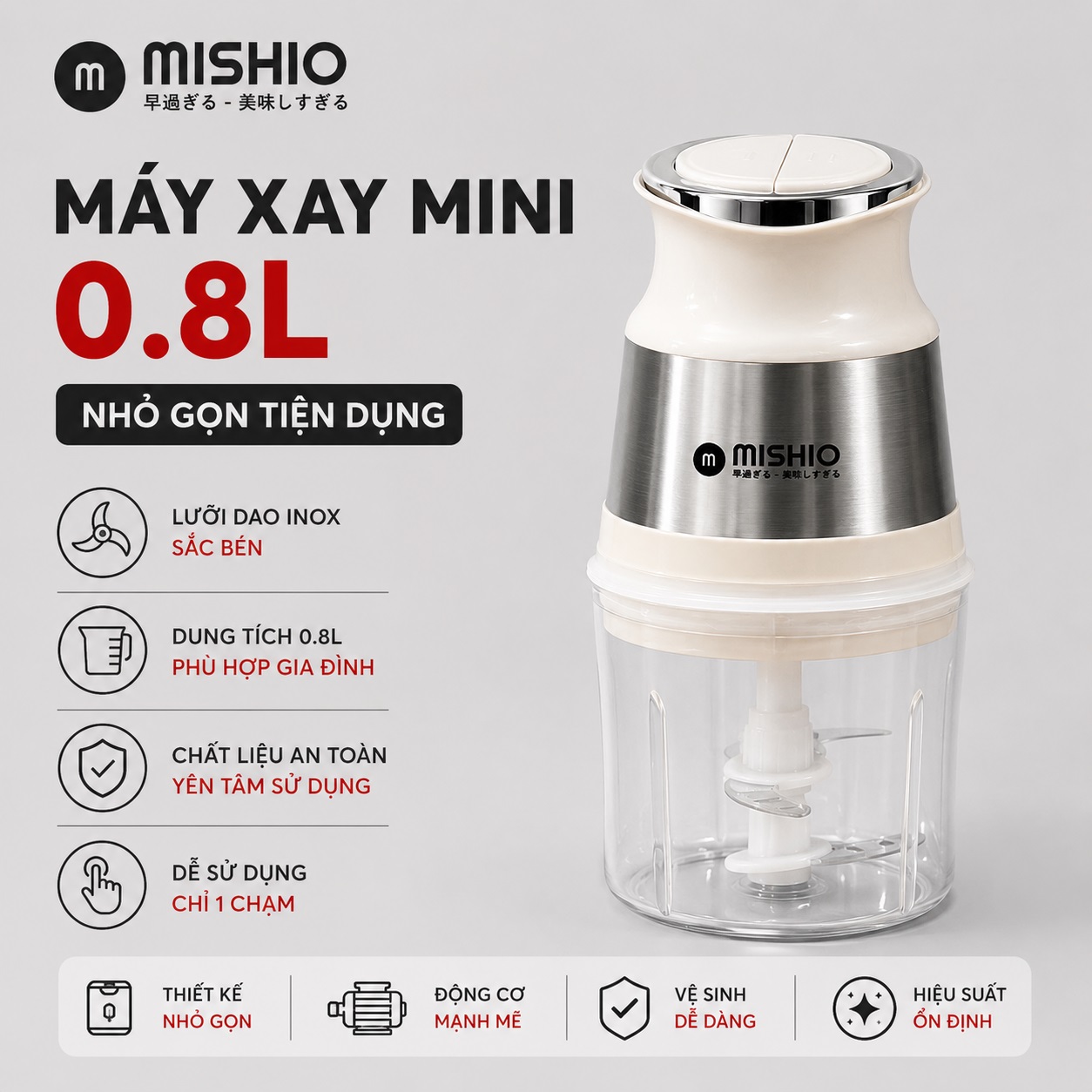 Máy Xay Mini Mishio MK389 - Dung Tích 0.8L Xay Đồ Ăn Dặm Gia Vị Đồ Khô Công Suất 250W Mạnh Mẽ