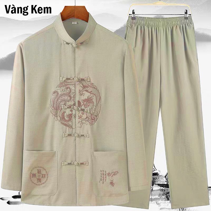 Trang Phục Cổ Tàu Bộ Đồ Nam Dài Tay Trang Phục Cho Bố Rộng Rãi Thường Ngày Áo Sơ Mi Kiểu Trung Quốc 