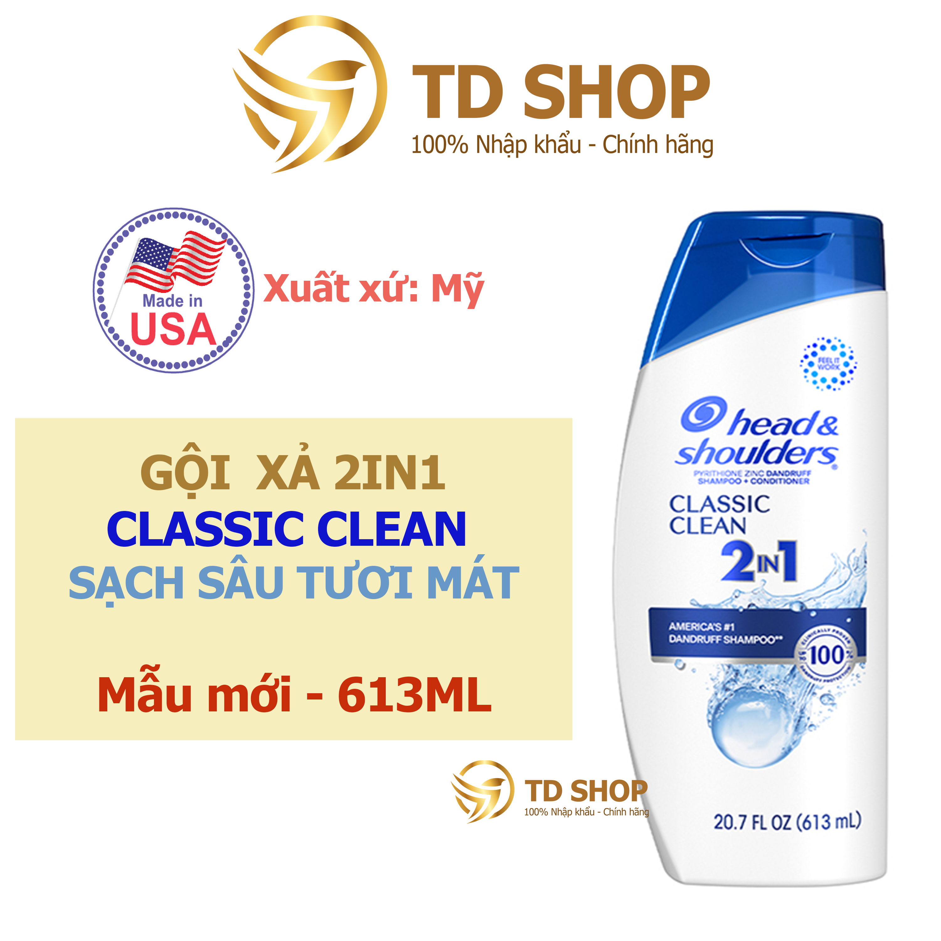 [NK Mỹ] Dầu gội Head&Shoulders nhập Mỹ 613ml Classic clean I Hạnh nhân - TD Shop