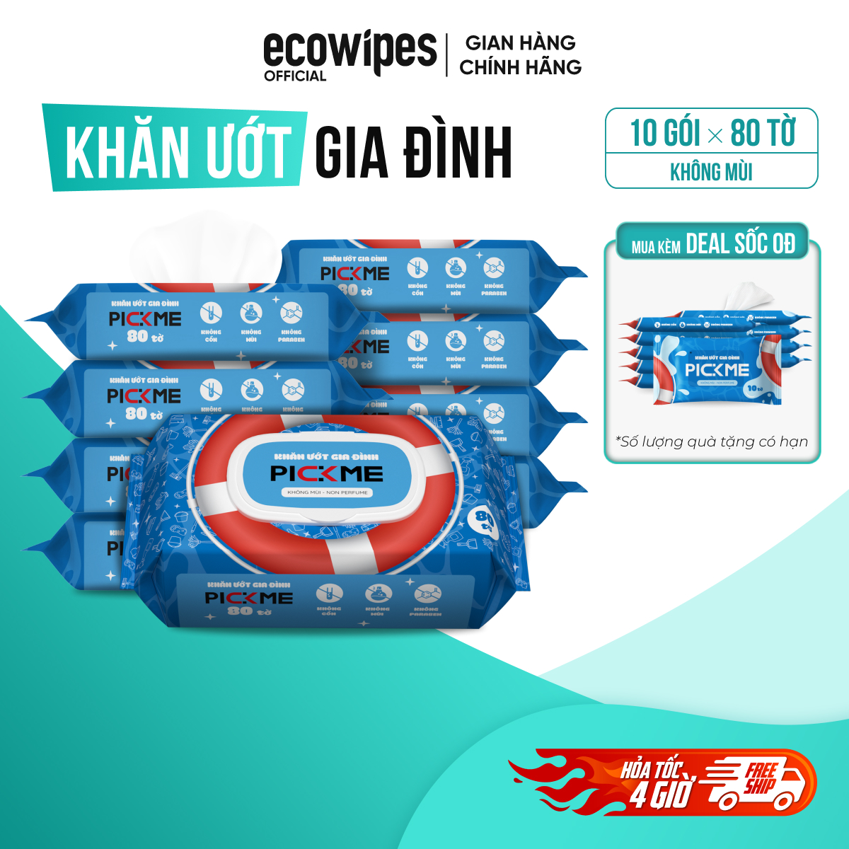 MUA 10 TẶNG 10_Thùng 10 gói khăn ướt cho bé gói 80 tờ PickMe EcoWipes không mùi siêu tiết kiệm TẶNG 10 PickMe 10 tờ