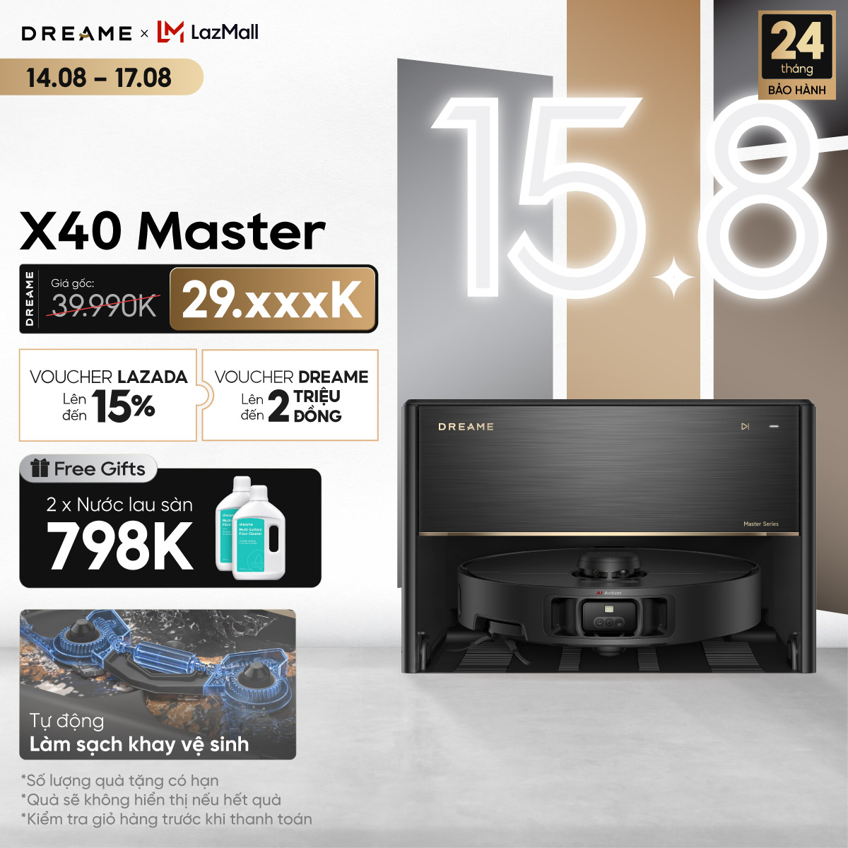 Robot hút bụi lau sàn thông minh Dreame X50 Master - Kích thước 350x350x89mm, Dung lượng 0.395L