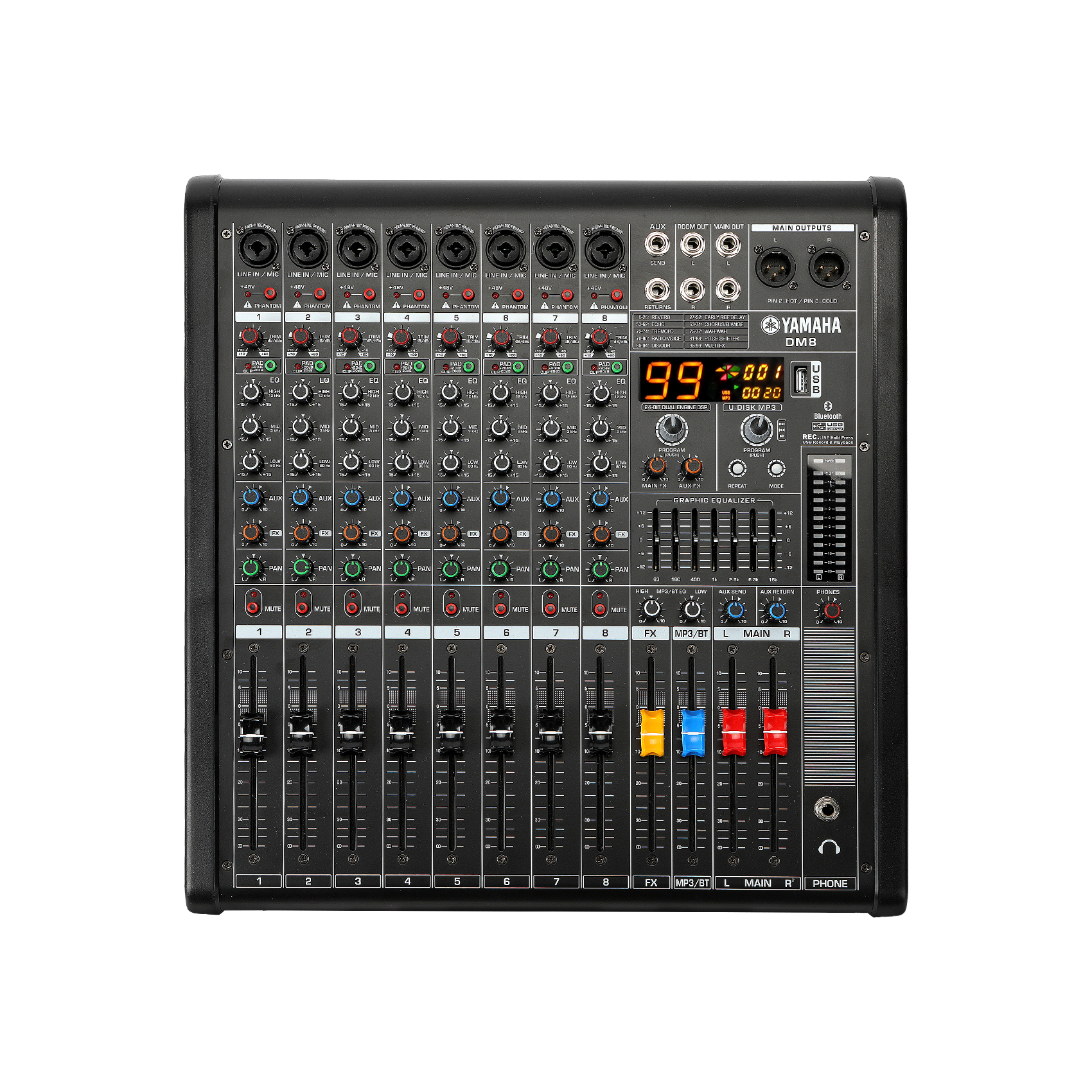 yamaha/DM12 mixer liền công suất 99 DSP/48V DC/Bluetooth/7 Equalizer /8Ohm 850W x2 kênhMỗi kênh có t