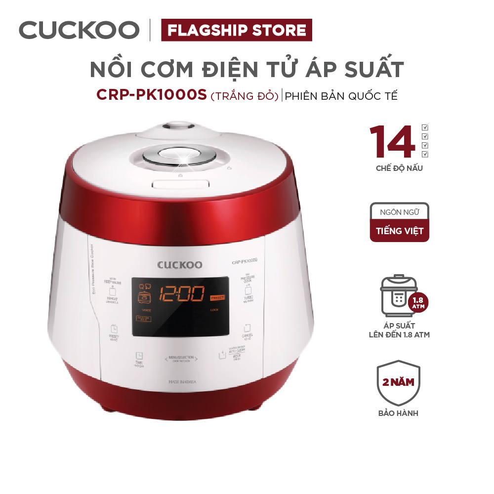 Nồi cơm điện tử áp suất Cuckoo 1.8L CRP-PK1000S (Đen vàng/Trắng hồng/Trắng đỏ) - Lòng nồi chống dính phủ men Xwall - Van xả áp suất kép - Nhiều chế độ nấu ăn - Ngôn ngữ tiếng Việt - chính hãng Cuckoovina