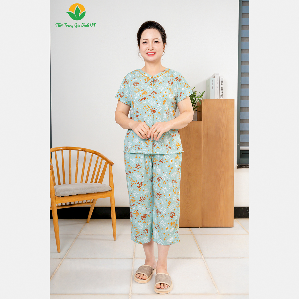 Bộ đồ mặc nhà trung niên lanh tole Việt Thắng bộ lanh trung niên quần ống sớ rộng lửng cho mẹ và bà - B06.2420