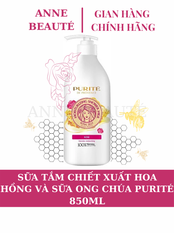 Hàng Chính Hãng - (Kèm Quà Tặng) Sữa Tắm Dưỡng Ẩm Sữa Ong Chúa & Hoa Hồng Purité 850Ml