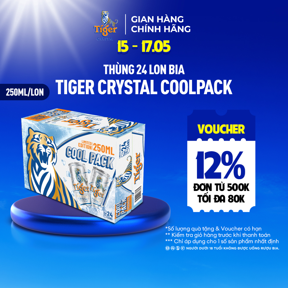 Thùng 24 lon bia Tiger Crystal Coolpack 250ml/lon