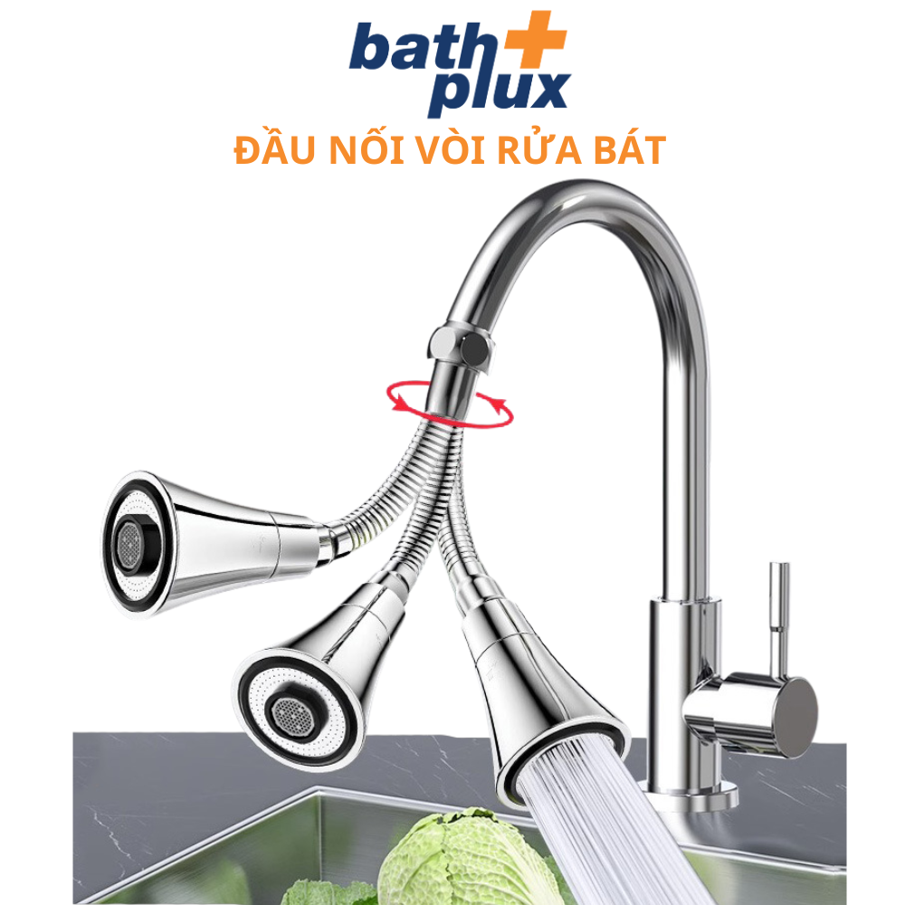 Đầu nối vòi rửa bát dây lò xo inox 304 cố định được xoay 360 độ tăng áp 2 chế độ nước đầu vòi rửa bát Bathplux