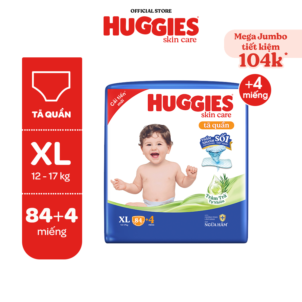 Tã quần Huggies Skincare Mega Jumbo M106/L100+4/XL84+4/XXL76+4 với tràm trà dịu da