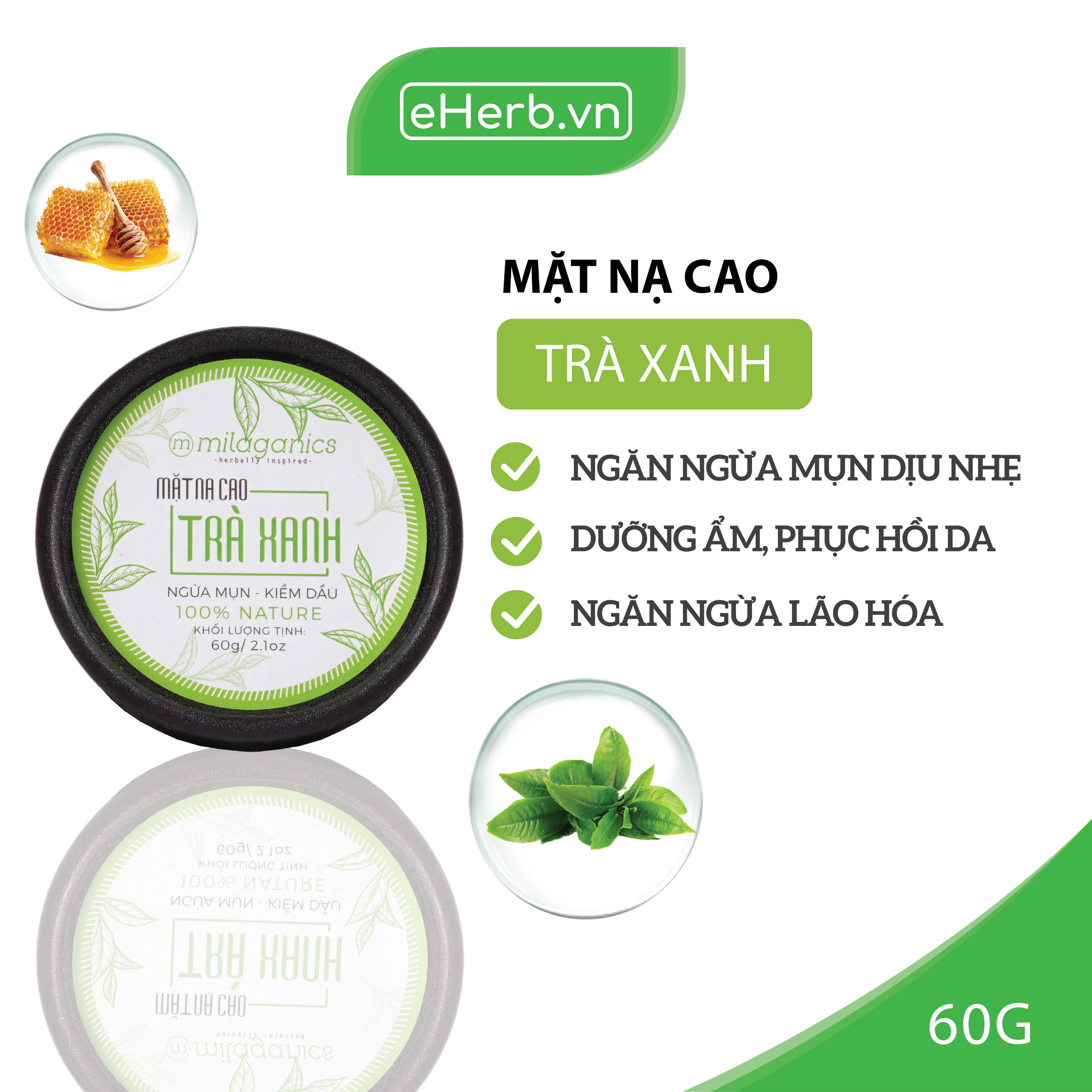 [Hcm]Mặt Nạ Cao Trà Xanh Ngăn Ngừa Mụn Dịu Nhẹ Phục Hồi Da Tổn Thương Milaganics 60G (Hũ)
