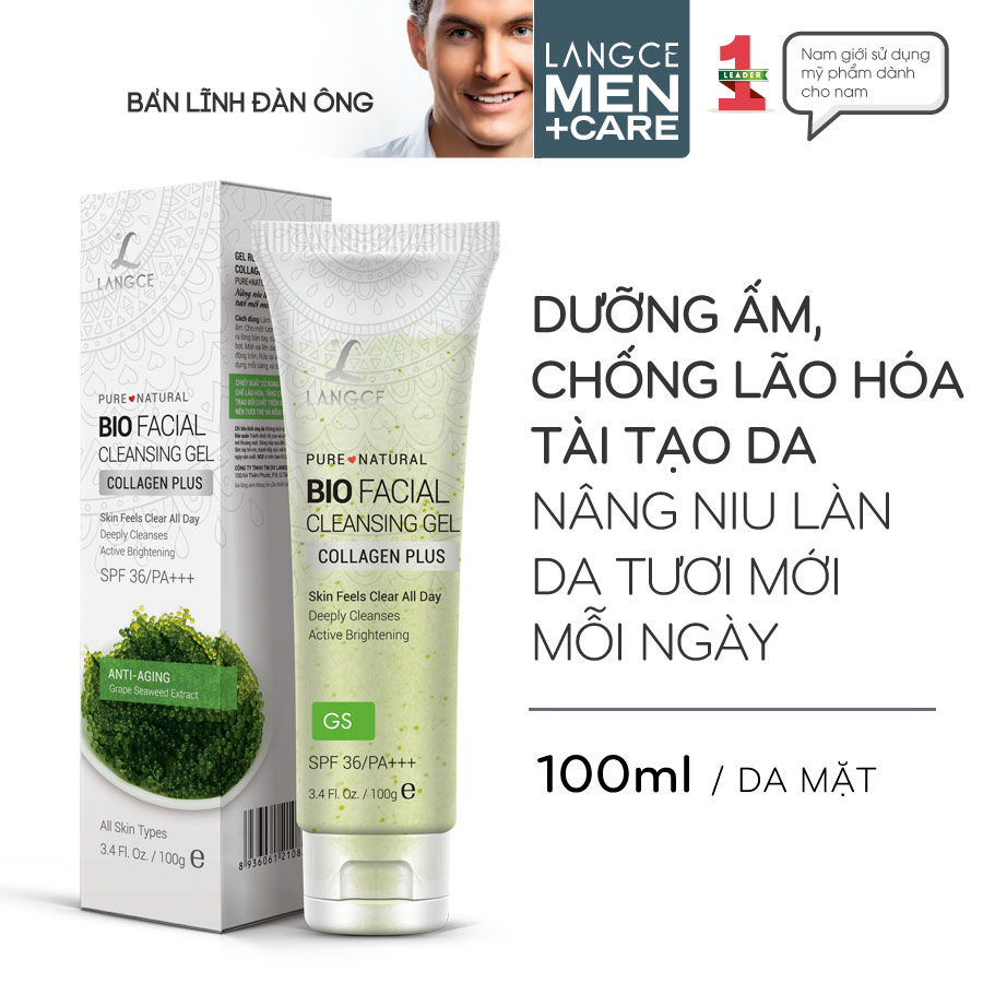 [Hcm]Gel Rửa Mặt Sinh Học Sáng Da Giữ Ẩm Collagen+ Chống Lão Hóa Rong Nho Biển 100Ml Langce Dành Cho Nam