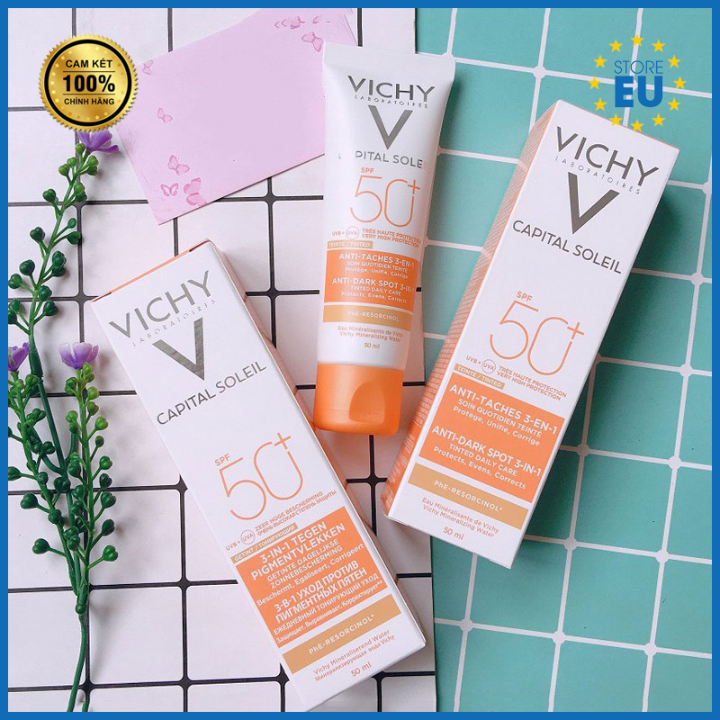 [Hàng Pháp Chính Hãng] Kem Chống Nắng Vichy Capital Soleil SPF 50 Anti-Dark Spot 3-In-1 50ml Giảm Thâm Nám (Vạch Vàng)