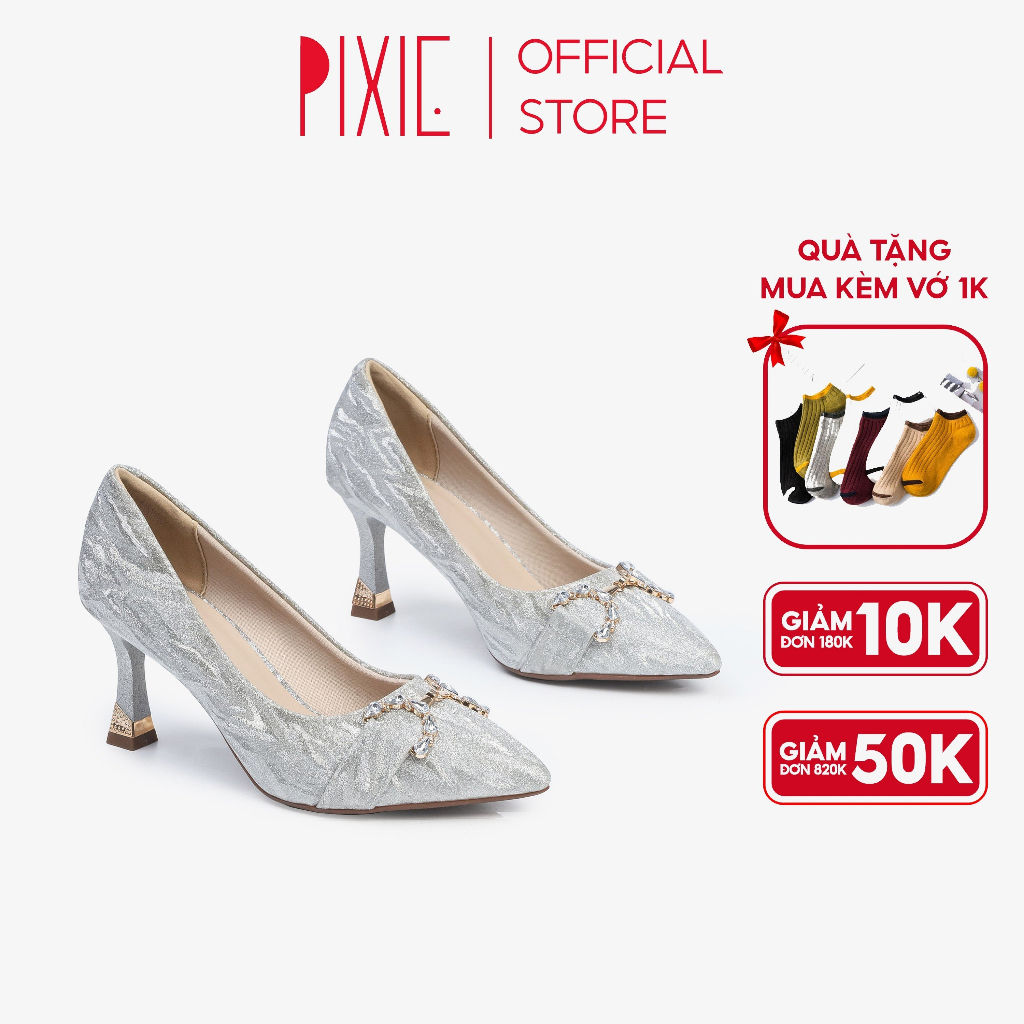 Giày Cao Gót 7cm Kim Tuyến Phối Khóa Pixie H125