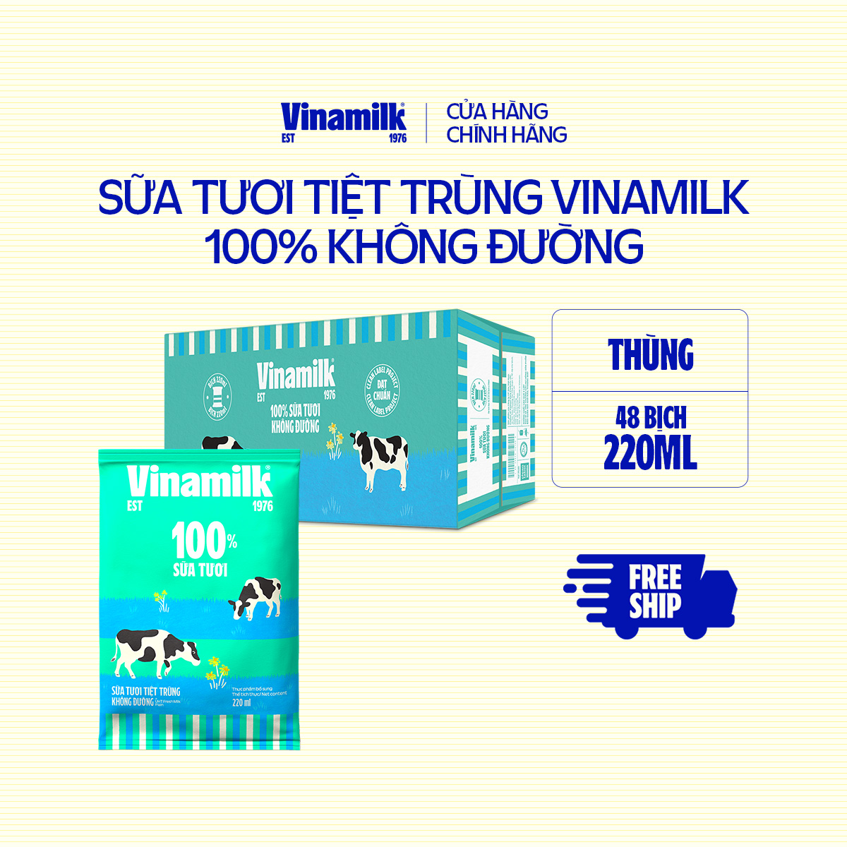 Thùng 48 bịch Sữa tươi tiệt trùng không đường Vinamilk 100% Sữa tươi 220ml