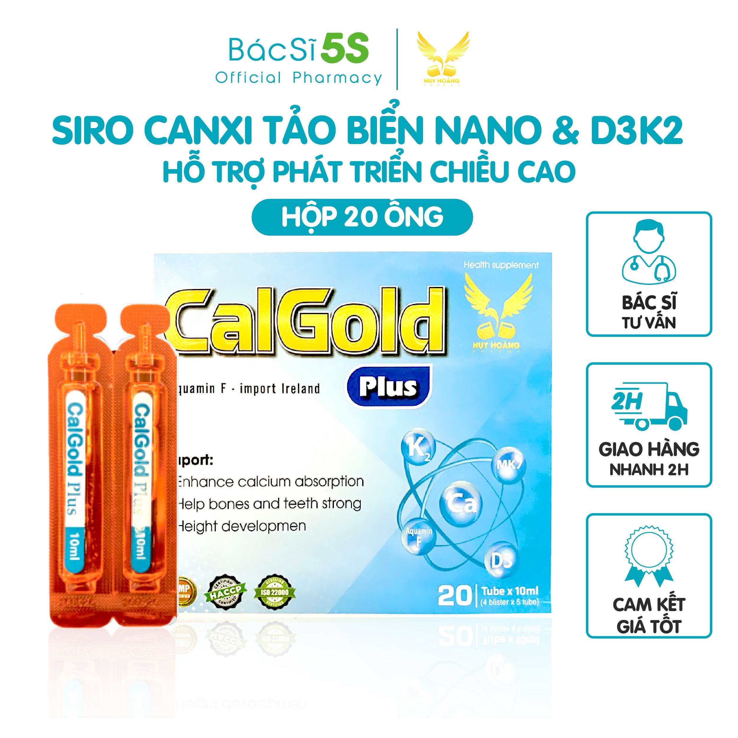 Siro tăng chiều cao canxi cho bé Calgold - Canxi tảo biển/canxi nano + K2(Mk7)+D3 - Xương răng khỏe