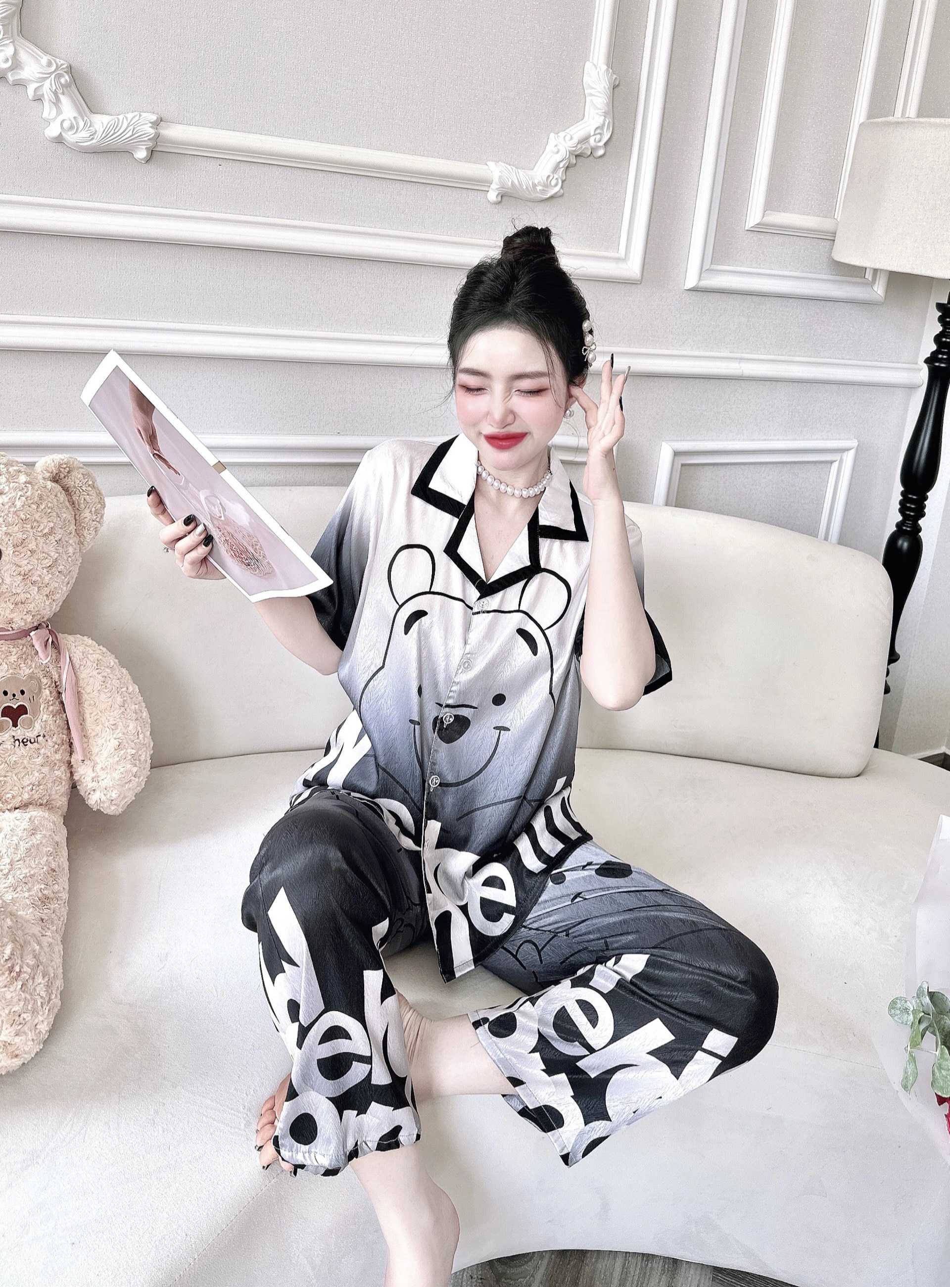 Đồ bộ pijama nữsize 40kg đến 75kg lụa xước ánh kim bộ đồ ngủ nữ 5CE hàng may kĩFREESIZE VÀ BIGSIZESI