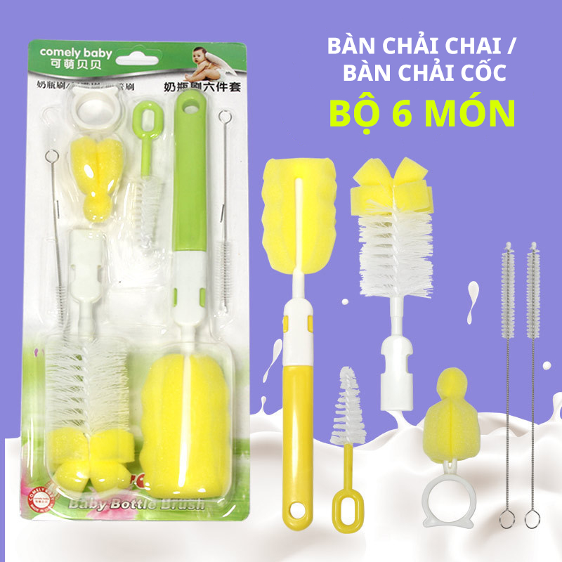 (Giao hàng nhanh) Bộ 6 cọ vệ sinh bình sữa cho bé đi kèm đầu cọ xốp thấm nước thay thế vệ sinh hiệu quả