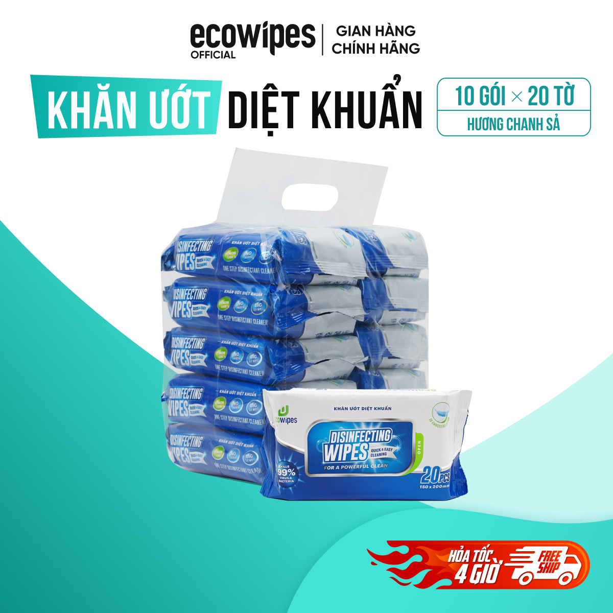 Thùng 10 gói Khăn ướt diệt khuẩn Disinfecting EcoWipes gói 20 tờ diệt 999% vi khuẩn hương chanh tự nhiên