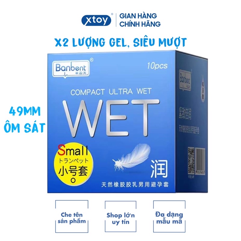 Bao Cao Su BANBENT WET size Nhỏ 49mm gấp đôi lượng gel siêu mỏng hương thơm - Hộp 10 bcs