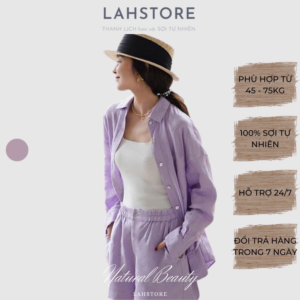 Áo sơ mi nữ tay dài dáng oversize vải linen bột premium cao cấp (Tím Pastel) | SLINEN™