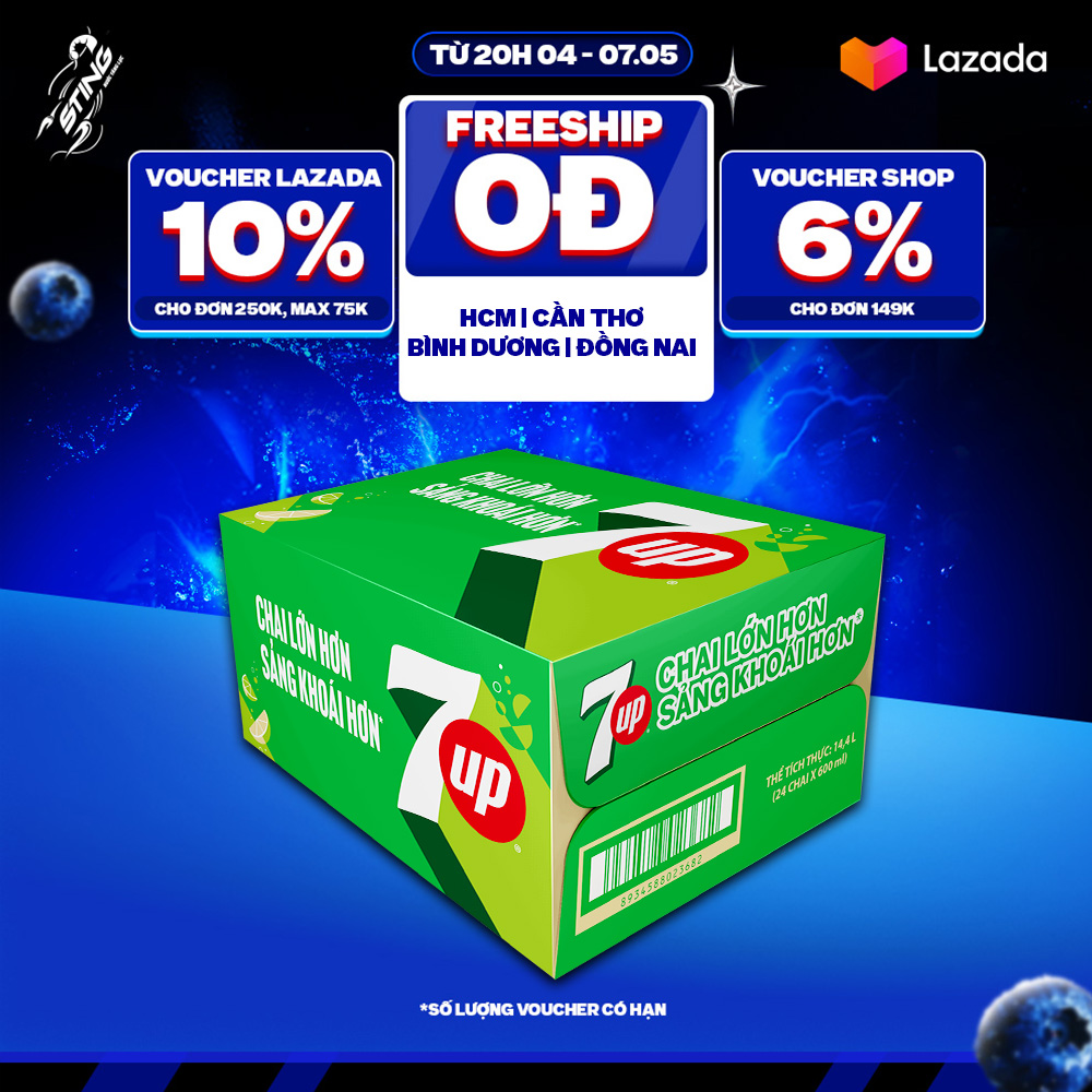 [SALE 5/5] Thùng 24 Chai Nước Ngọt Có Gaz 7Up (600ml/chai)