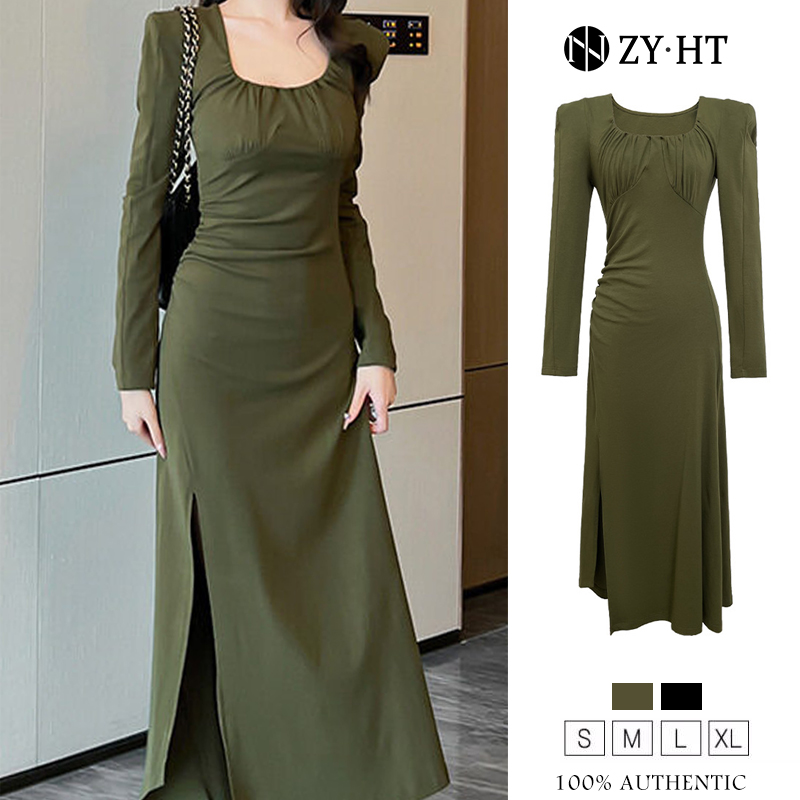 ZYHT eravogue đầm body nữ ôm body xẻ tà dài cổ áo vuông thiết kế xếp li chân váy dài hàn quốc 5961