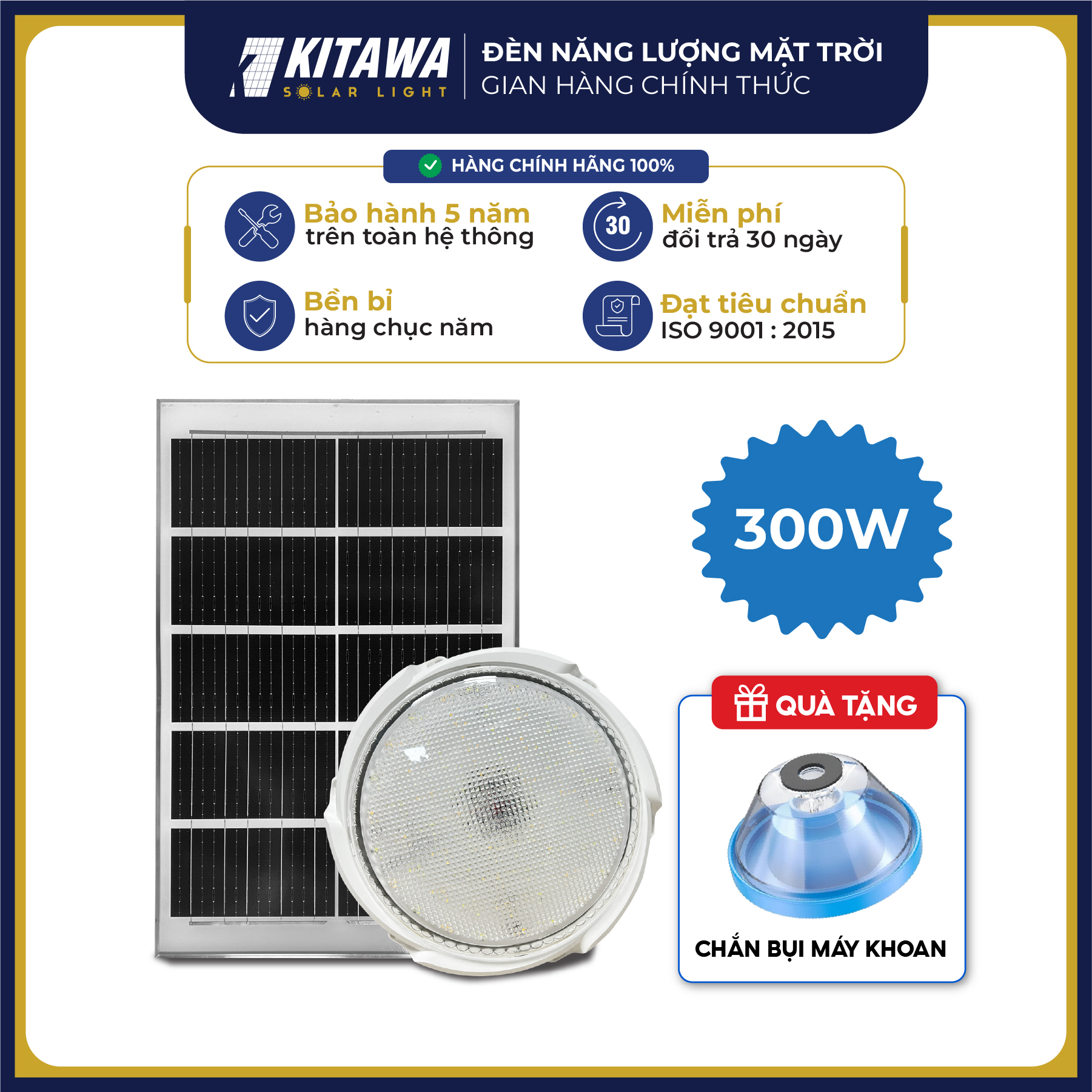 Đèn Ốp Trần Năng Lượng Mặt Trời KITAWA 300W OP3300 Thiết Kế Sang Trọng 3 Chế Độ Ánh Sáng