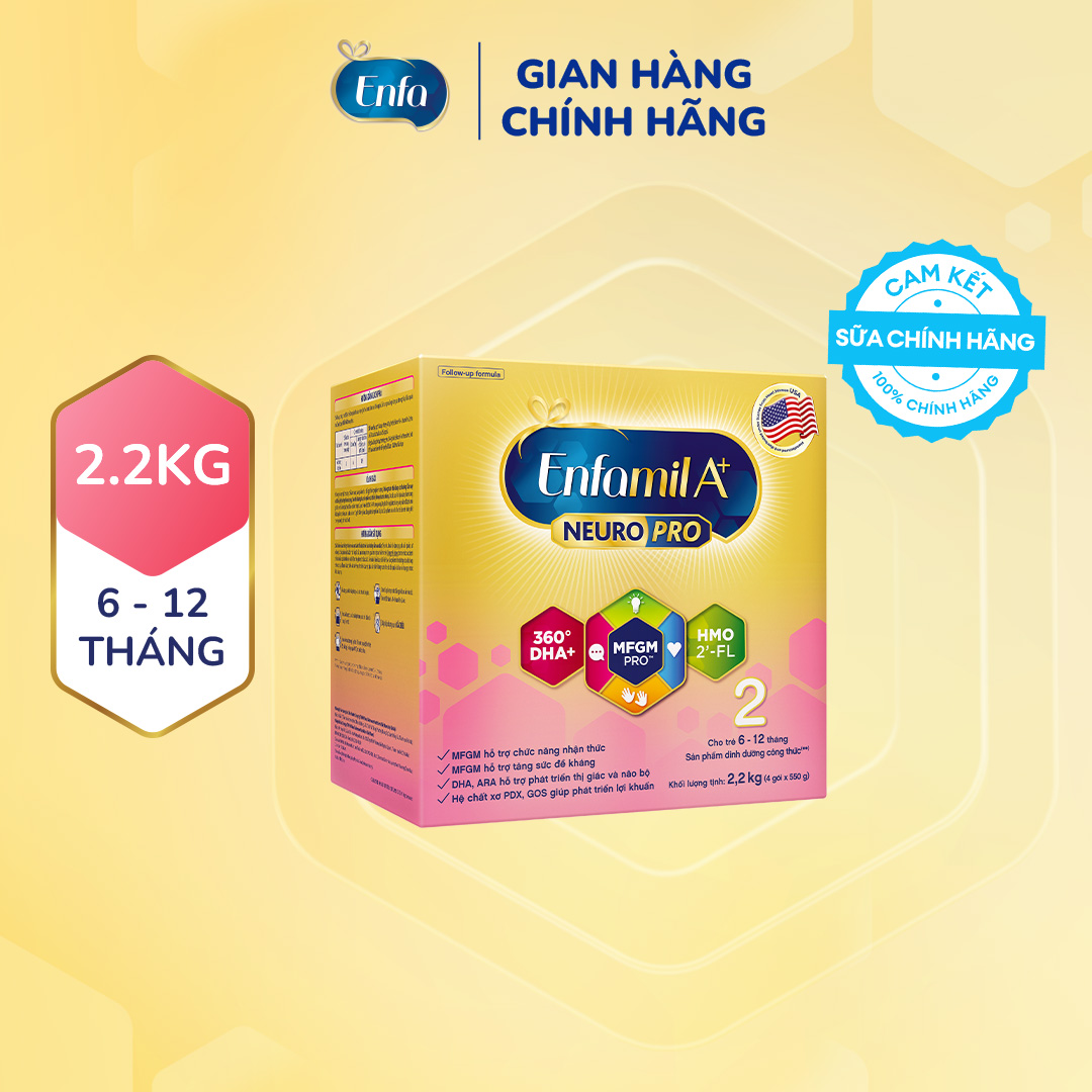 Sữa bột Enfamil A+ Neuropro 2 Vị thanh mát 2FL HMO với dưỡng chất DHA & MFGM cho trẻ từ 6-12 tháng tuổi-2.2kg
