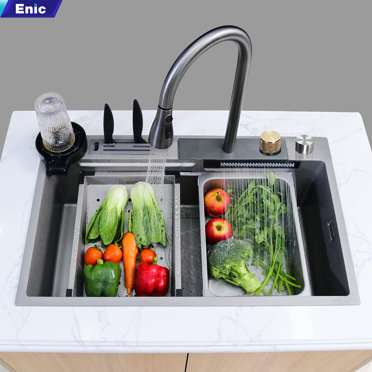 Bồn rửa chén thông minh Enic K2 - Chậu rửa bát inox 1 ngăn lớn, vòi phun thác nước hiện đại, màn hình LED hiển thị nhiệt độ