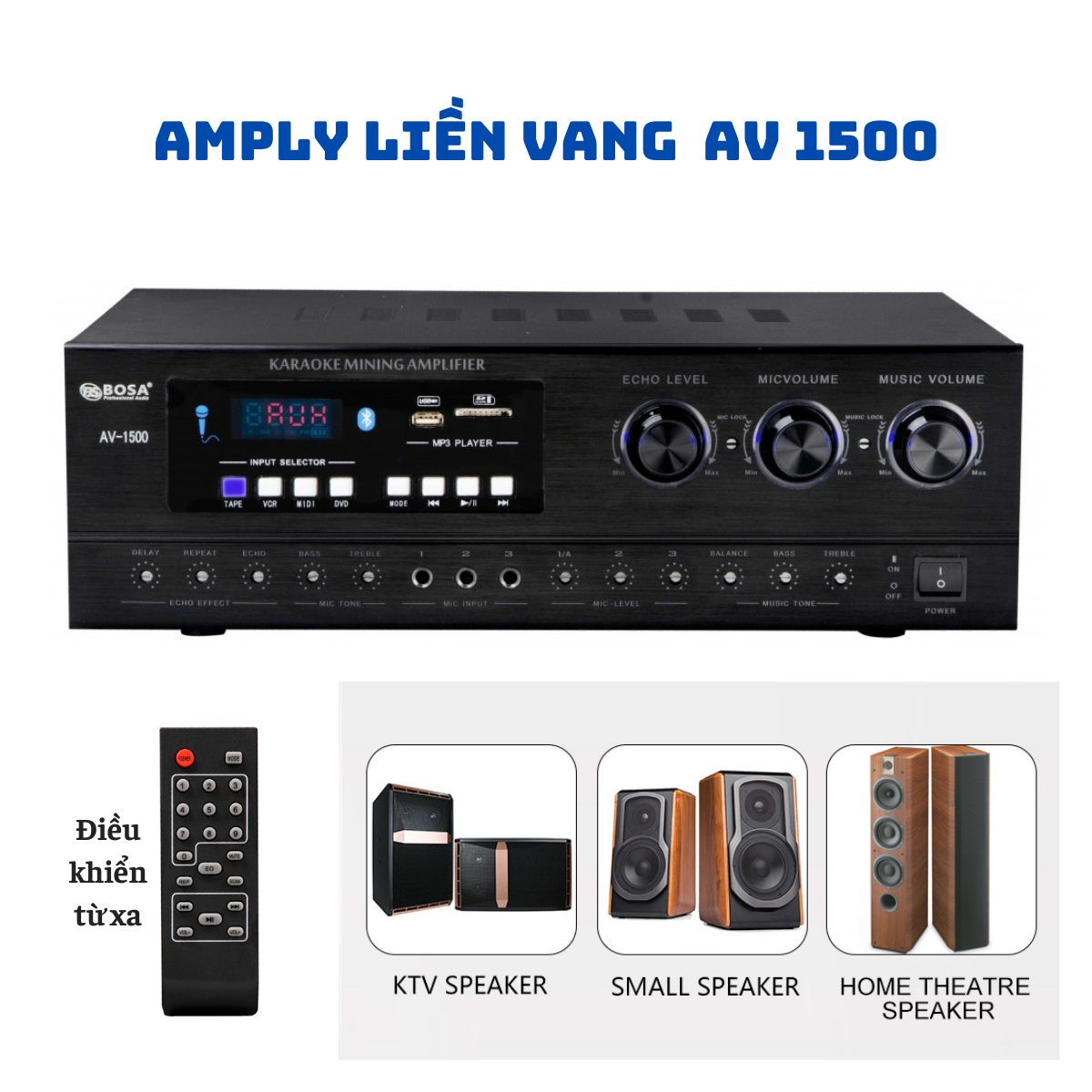 Amply Karaoke Gunssi AV-1500 có cục đẩy liền vang. Công suất lớn 150w*2. Hỗ trợ 5 cổng micro. Bảo Hành 12 tháng.