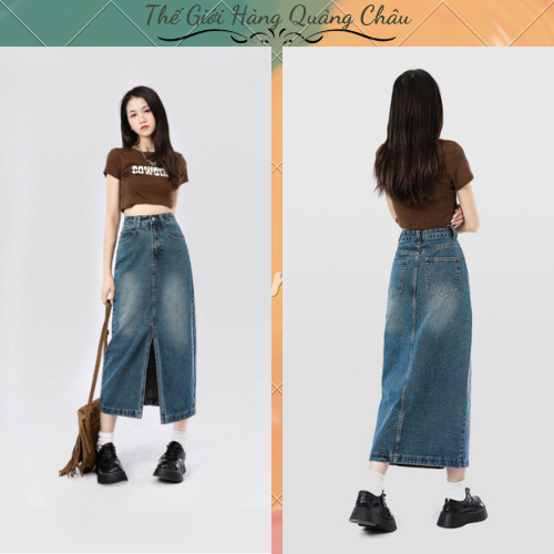 Chân váy chữ A kiểu váy jean dài lưng cao xẻ tà phong cách trẻ trung JEAN ZY(CV410)