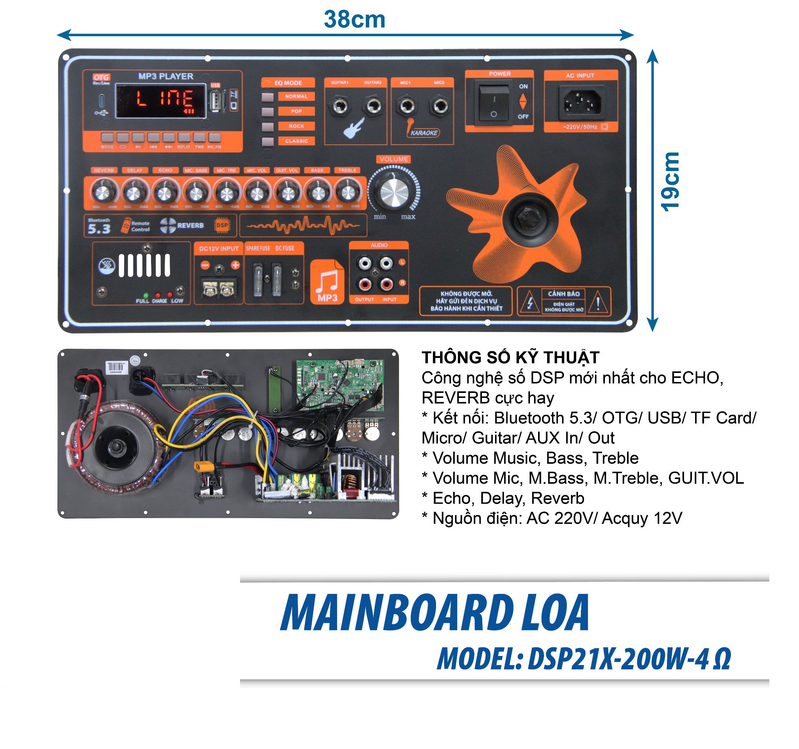 Bo Mạch Loa Kéo Nguồn Xuyến đánh 2 Bass 40 5 Tấc đơn Mạnh Mẽ có Echo Reverb DSP21 kích thước 19 * 38
