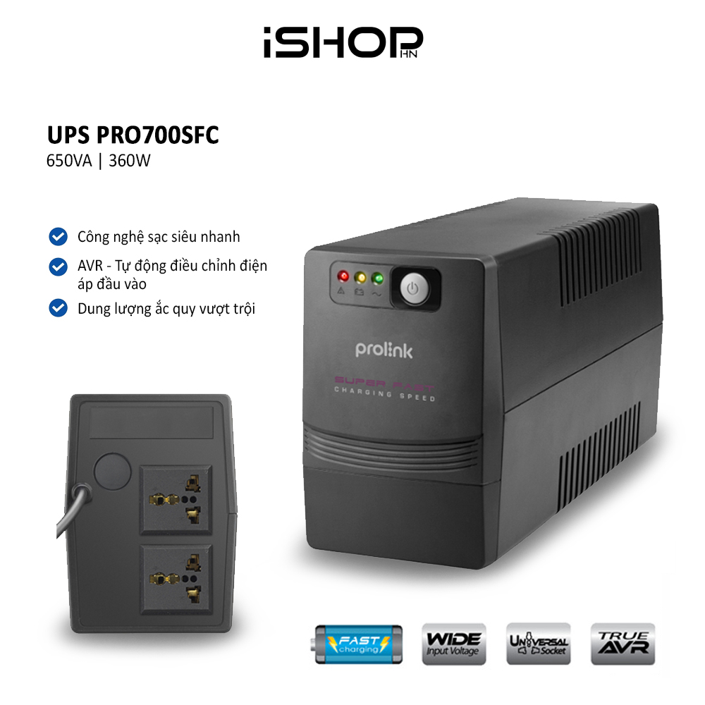 Bộ lưu điện UPS Prolink PRO700SFC 650VA 360W sạc siêu nhanh ổn định dòng điện dùng cho PC Wifi Camer