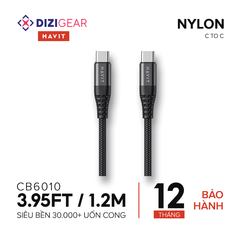 Cáp Sạc C to C HAVIT CB6010 Độ Dài 1.2m Sạc Và Truyền Dữ Liệu Đến 60W Bện Nylon Cao Cấp - Hàng Chính