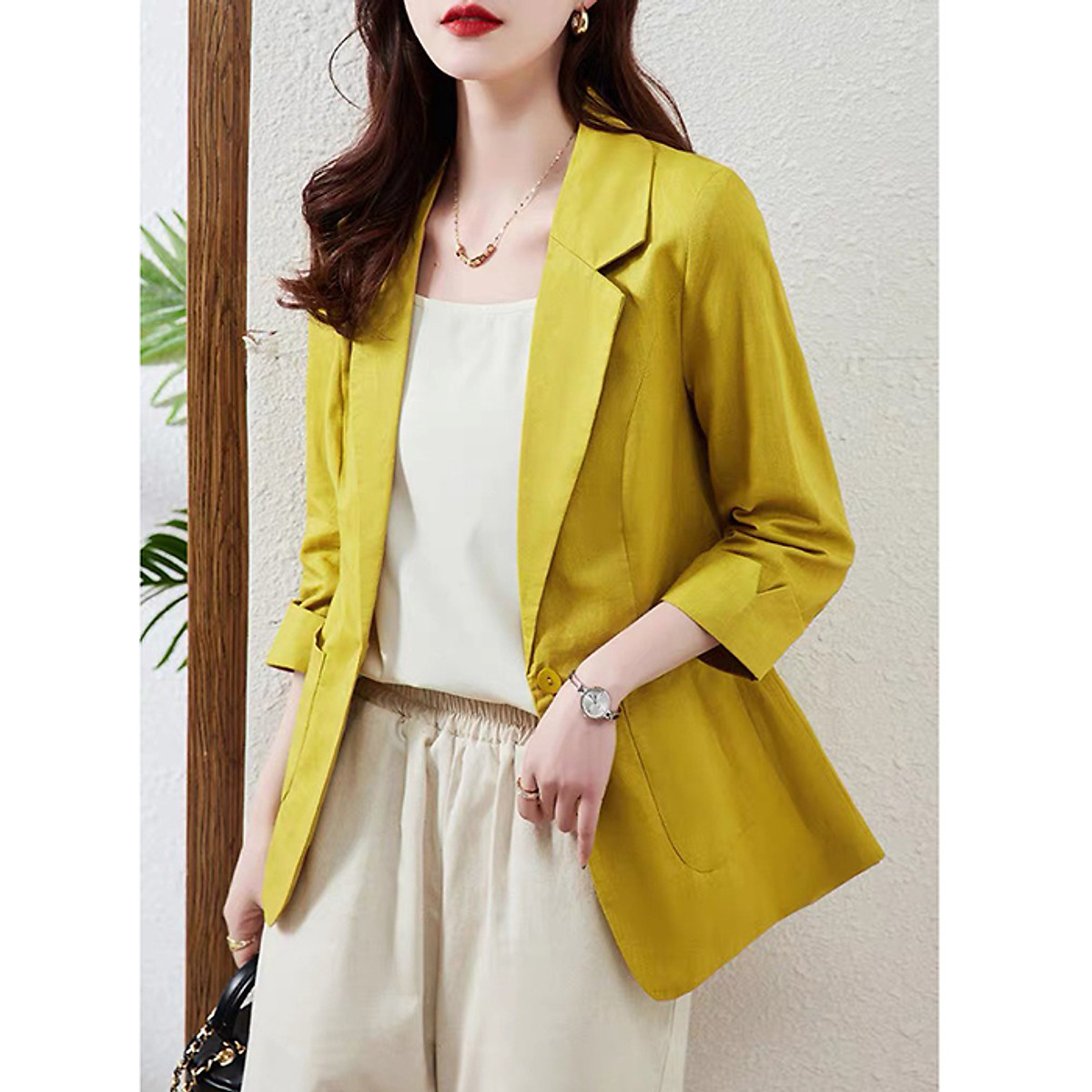 Áo vest blazer form vừa tay lỡ gập 2 túi ốp SLINEN Chất vải Linen bột Premium (Vàng/Be/Đen)