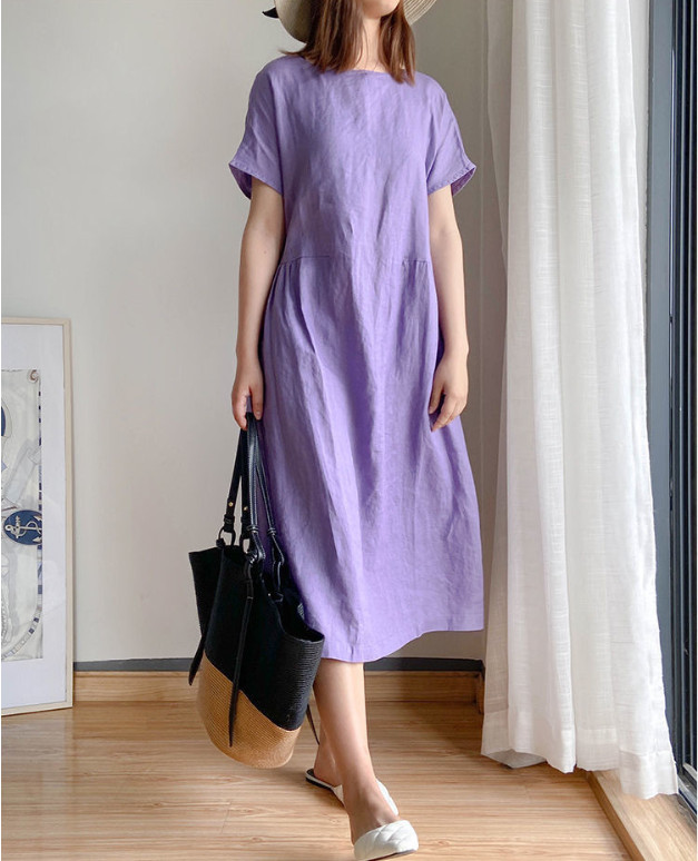 Đầm Linen suông cổ tròn ngắn tay Váy suông dài trơn chất liệu linen mềm mát cho nữ mặc hè Đũi Việt